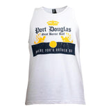 White cotton Port Douglas Great Barrier Reef singlet with a gold crown, "Where You'd Rather Be" text, and Corona-style travel graphic.