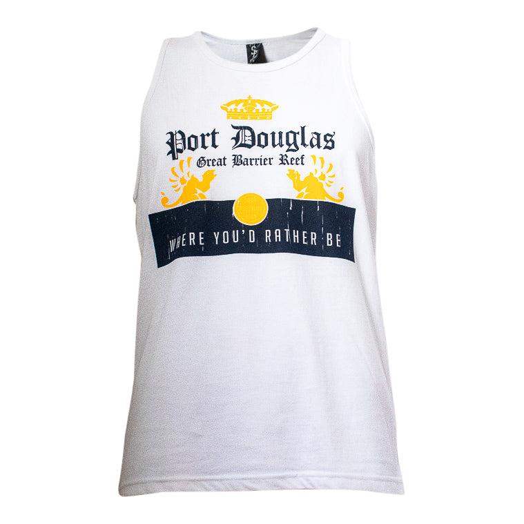 White cotton Port Douglas Great Barrier Reef singlet with a gold crown, "Where You'd Rather Be" text, and Corona-style travel graphic.