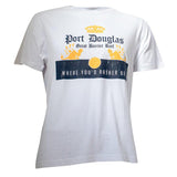 White cotton t-shirt with a blue and gold Port Douglas Great Barrier Reef souvenir graphic featuring a crown and "Where You'd Rather Be".