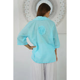 Women Wearing Aqua Lilly Button Down Shirt - Back