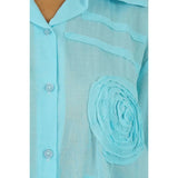 Women Wearing Aqua Lilly Button Down Shirt - Close Up of  Front Top Right Spiral Detail
