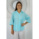 Women Wearing Aqua Lilly Button Down Shirt - Front