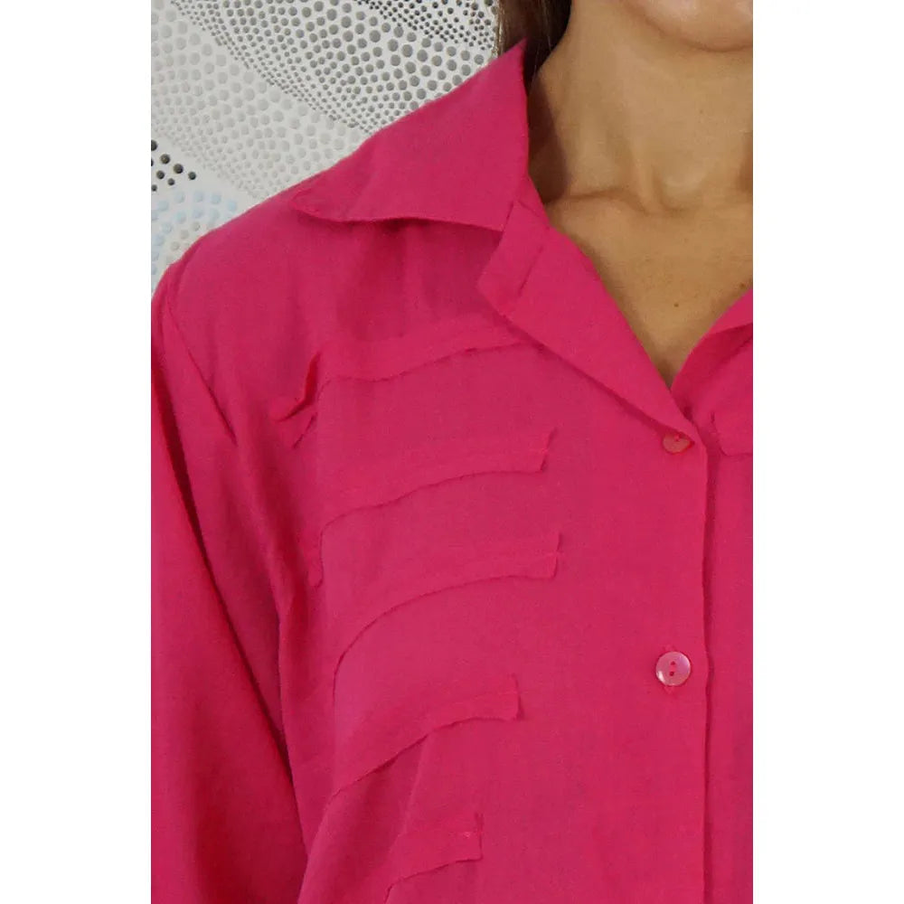 Women Wearing Pink Lilly Button Down Shirt - Close Up Of Top Left Fabric Detail