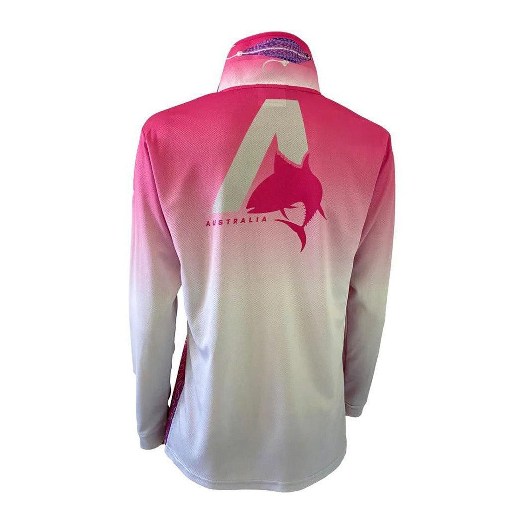 Women's pink & white gradient long sleeve sun shirt with stickbait graphic, 'AUSTRALIA' text. UPF50.