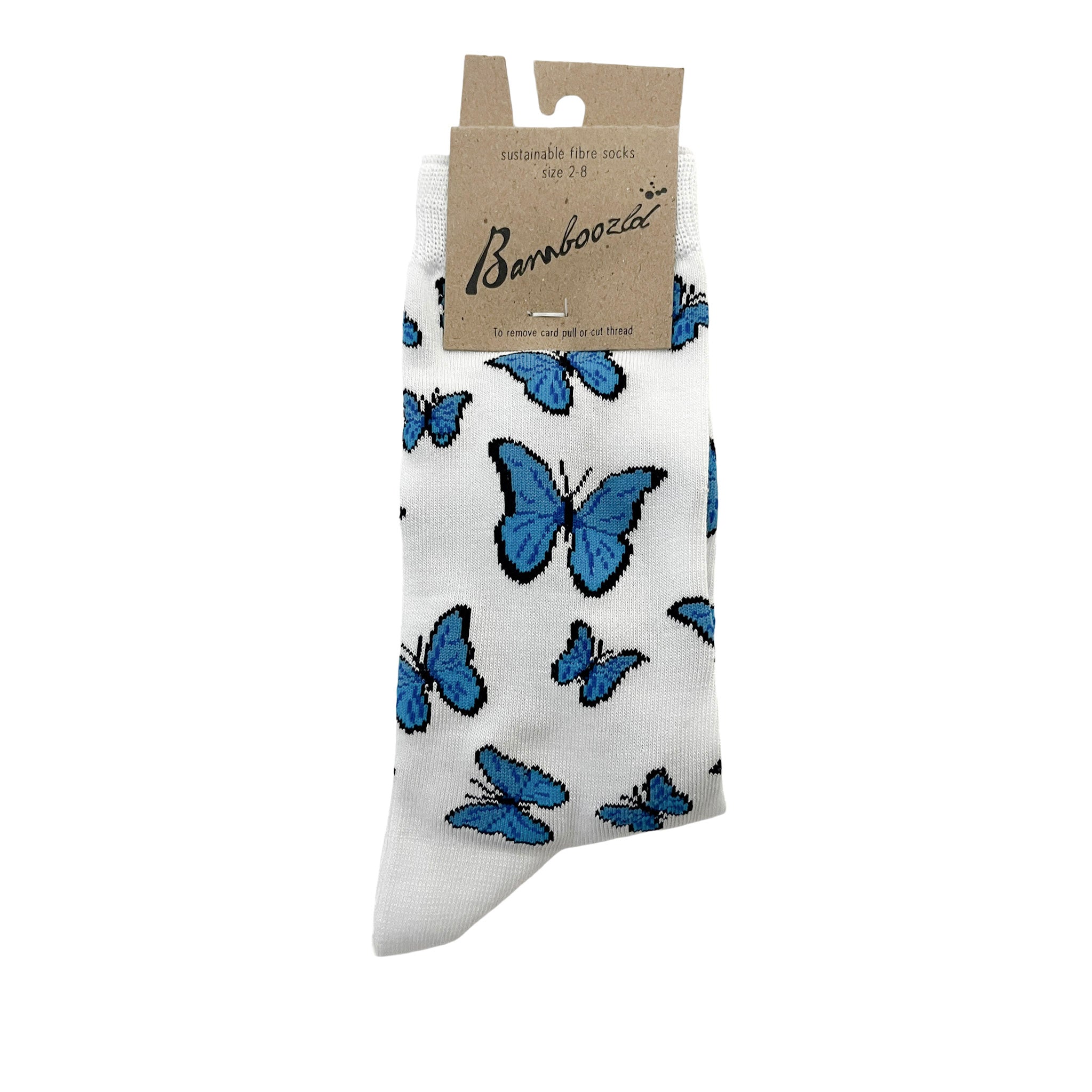 Womens Bamboo White Crew Socks with Blue Butterflies