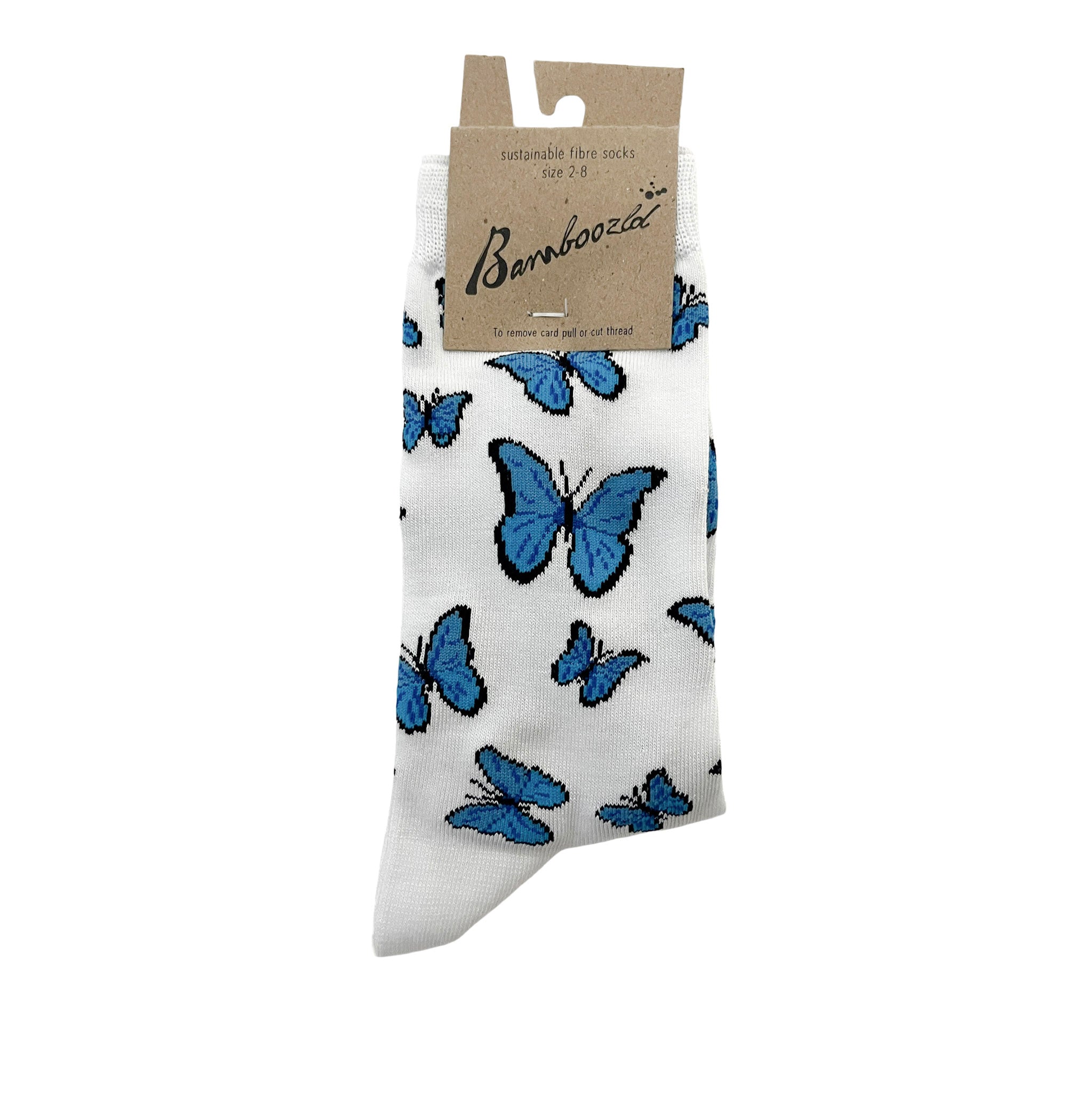 Womens Bamboo White Crew Socks with Blue Butterflies