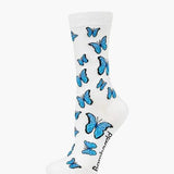 Womens Patterned White Crew Socks with Blue Butterflies