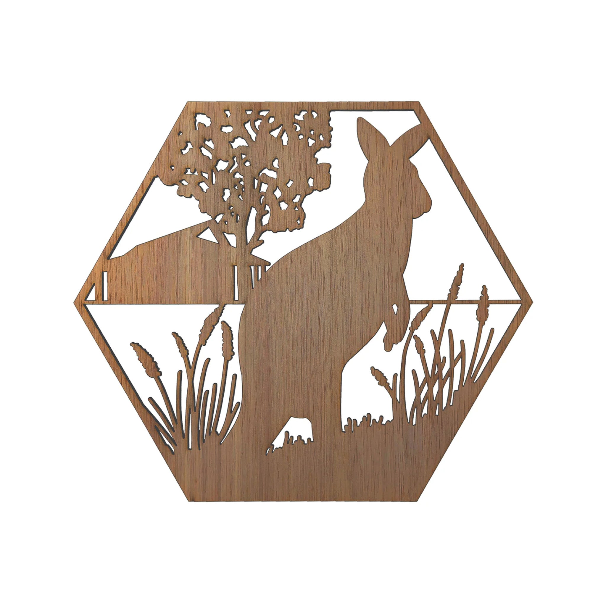 Kangaroo, tree and native grass timber cutout hexagonal wall art on a white background.