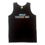 Black men's cotton singlet featuring a vibrant, reef-inspired Great Barrier Reef graphic and location text.