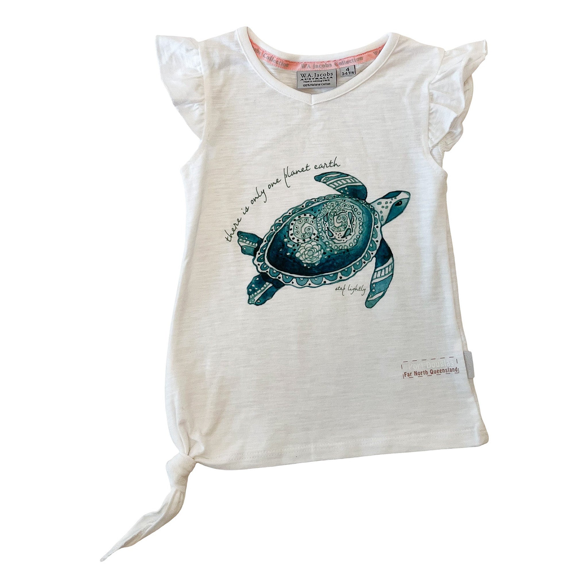 White girl's 100% cotton t-shirt, size 4, with frilled cap sleeves, a green patterned turtle print, and a side knot.