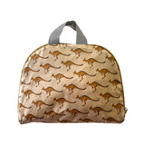 Foldable backpack with kangaroo pattern on a light brown cream  background