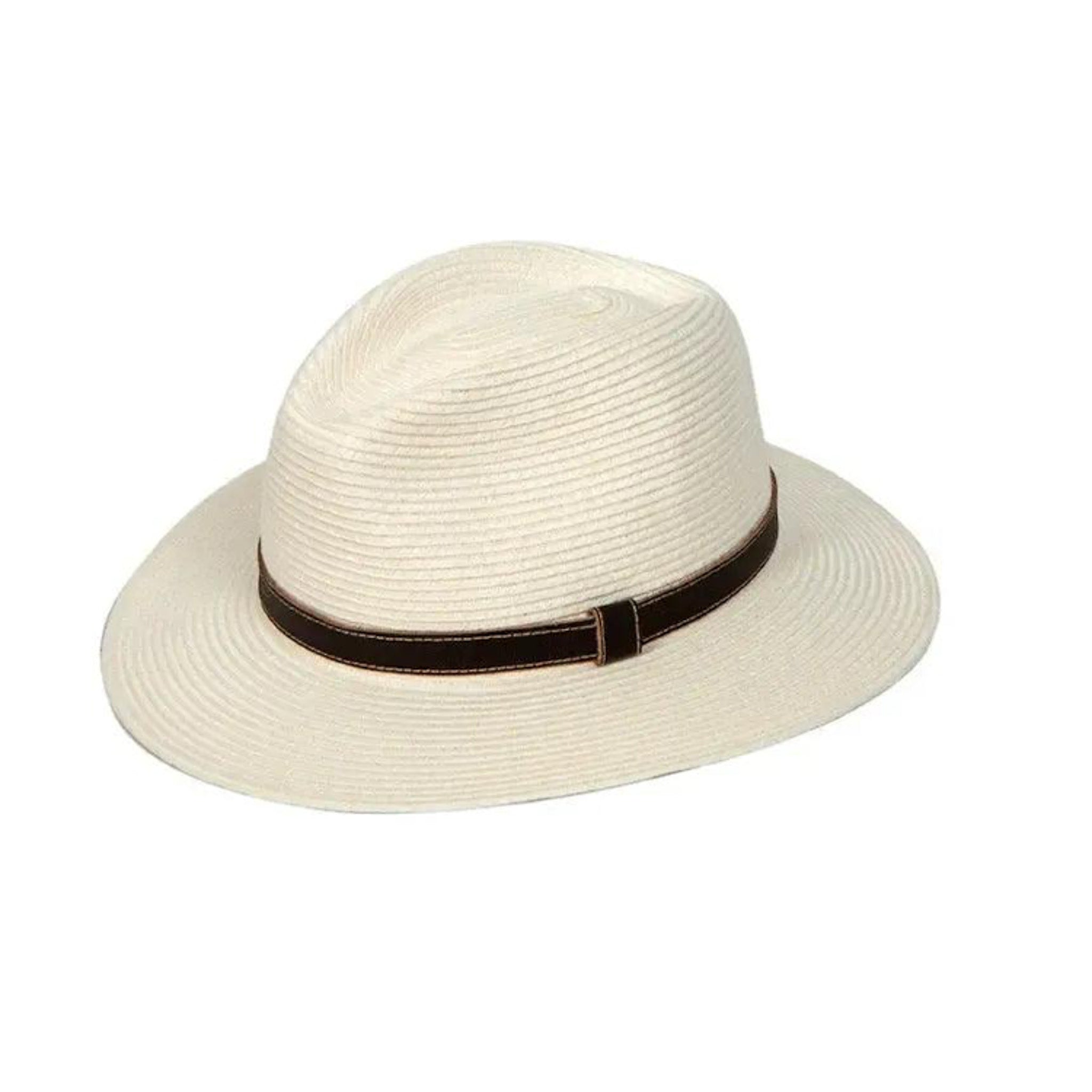 Stoney Creek ivory FLEXIBRAID® Fedora hat with a dark brown leather band. Crush-resistant and travel-friendly hat with a brown band on a white background