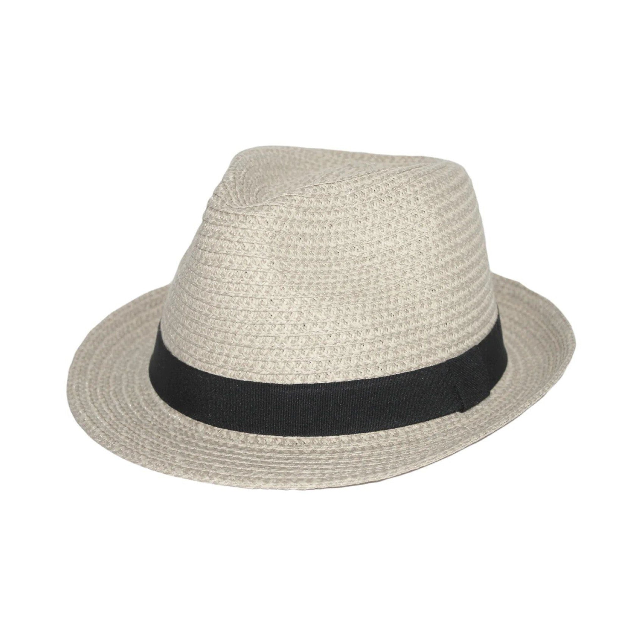 Resort Trilby Unisex Hat In Ivory straw hat with a navy band on a white background