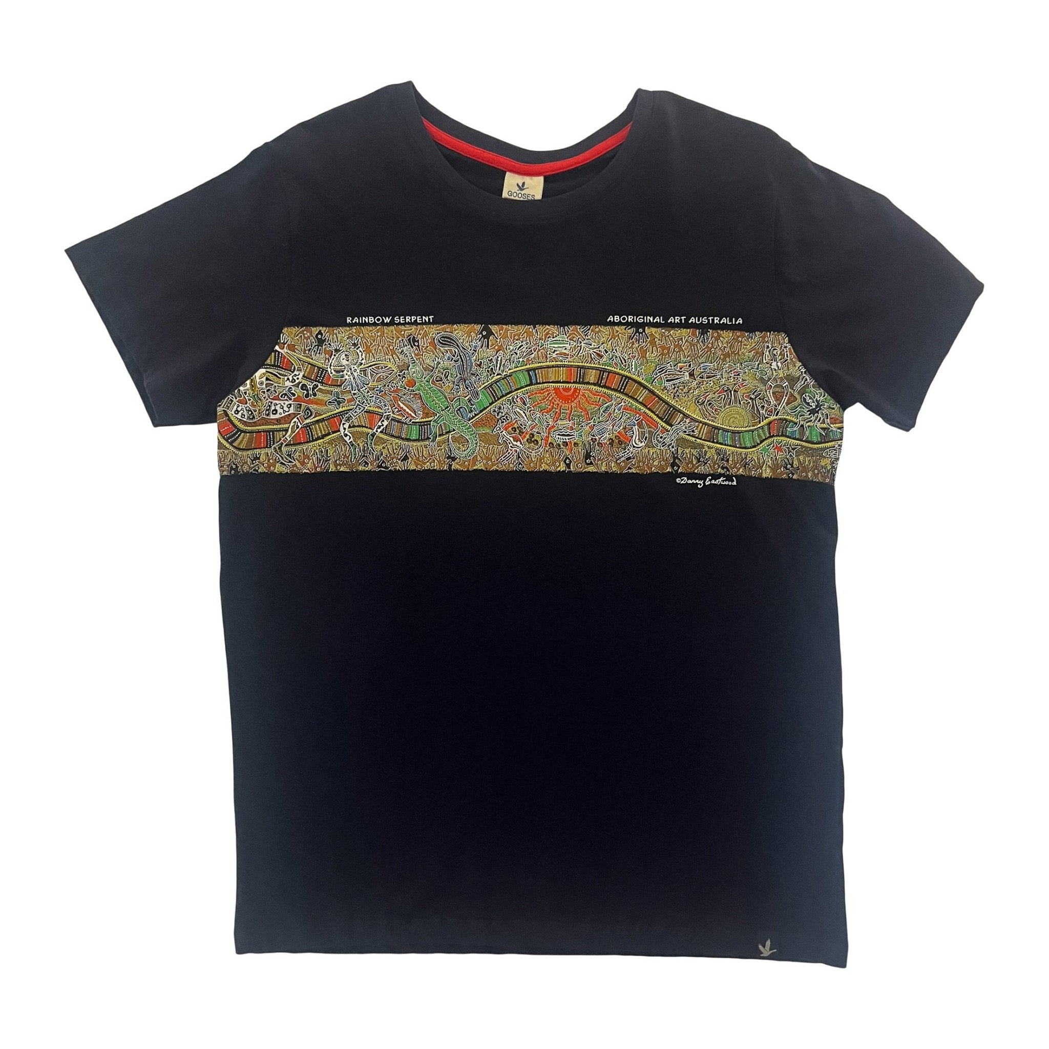 Rainbow Serpent Aboriginal Design Navy T-Shirt on a white background