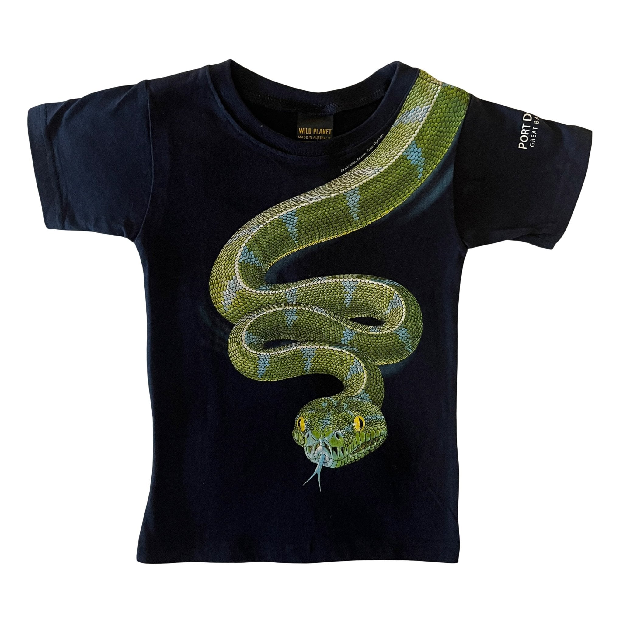 Navy boys' cotton t-shirt with a vibrant green Australian Green Tree python design coiling down the front. Port Douglas souvenir.