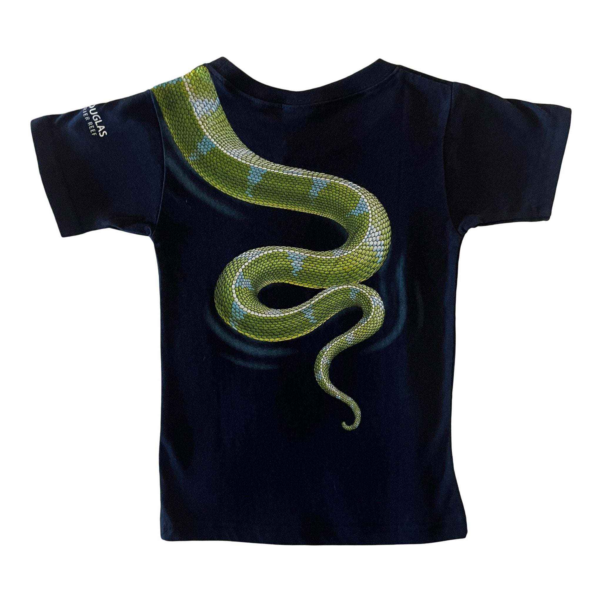 Navy boys Port Douglas souvenir cotton t-shirt with a detailed green Australian Green Tree python print on the back.