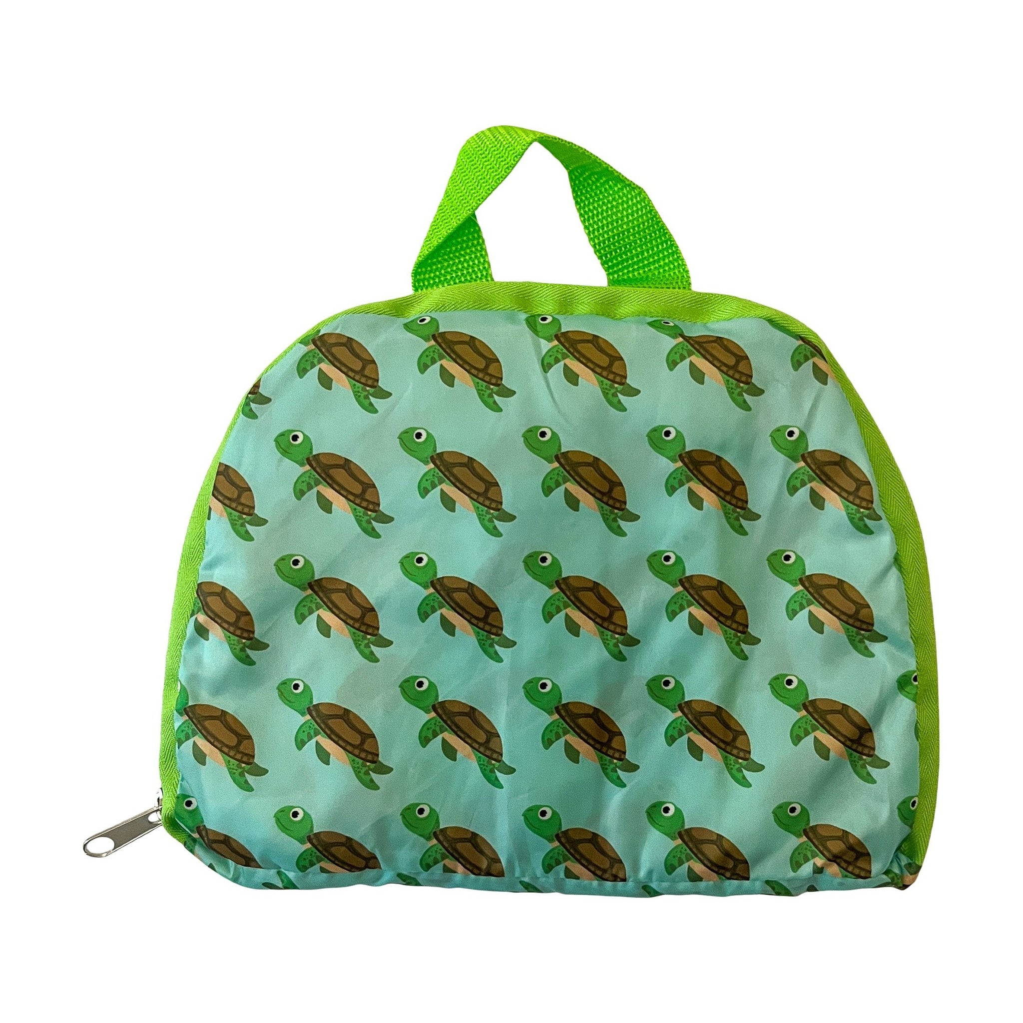 Foldable backpack with turtle pattern on a light green background