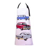 White cotton apron with illustrations of blue 1960s Ford Falcon wagon, red 1970s GT, and grey 1960s sedan. Adjustable neck strap.