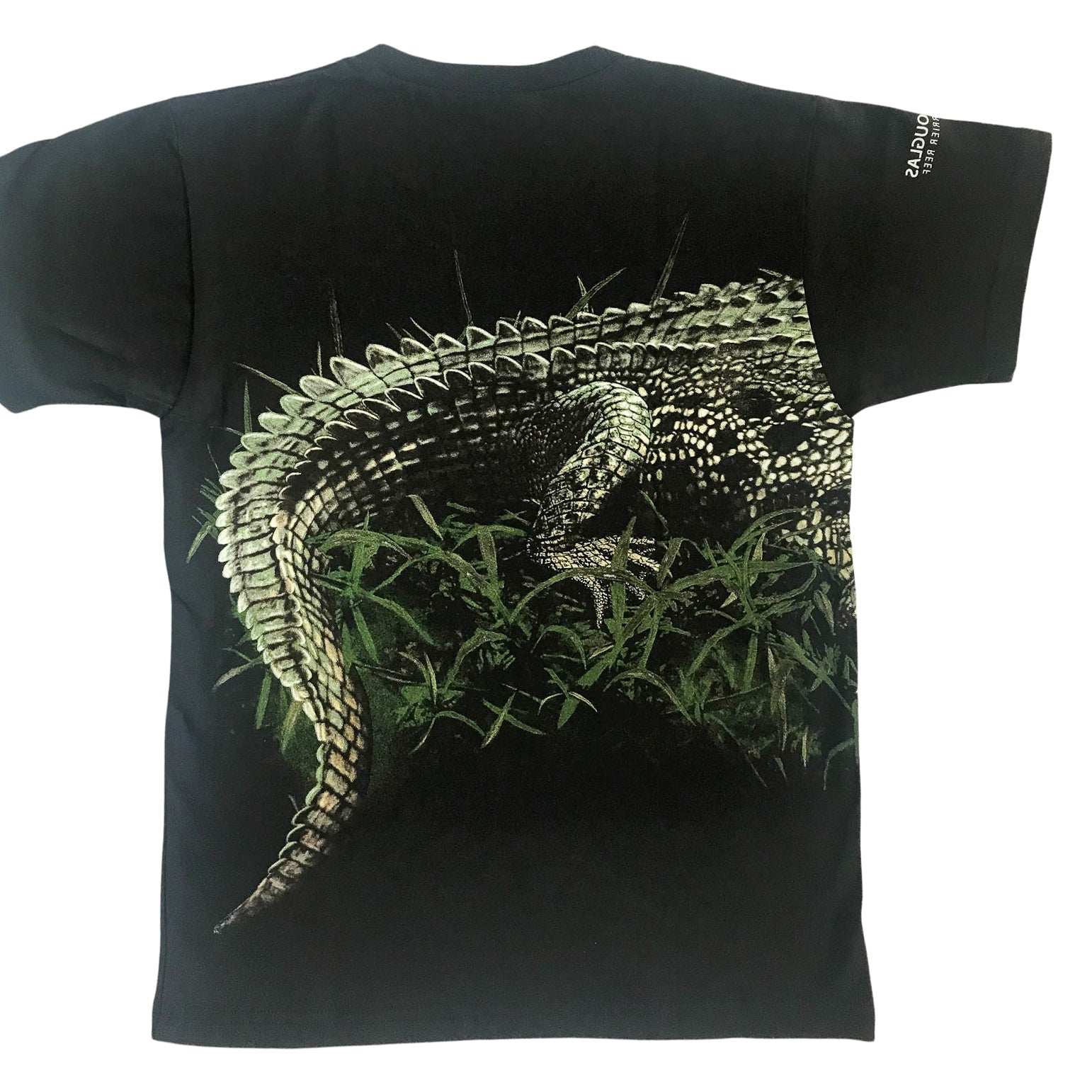 Boys navy cotton Port Douglas t-shirt featuring a detailed green and white wrap-around crocodile graphic on the back.