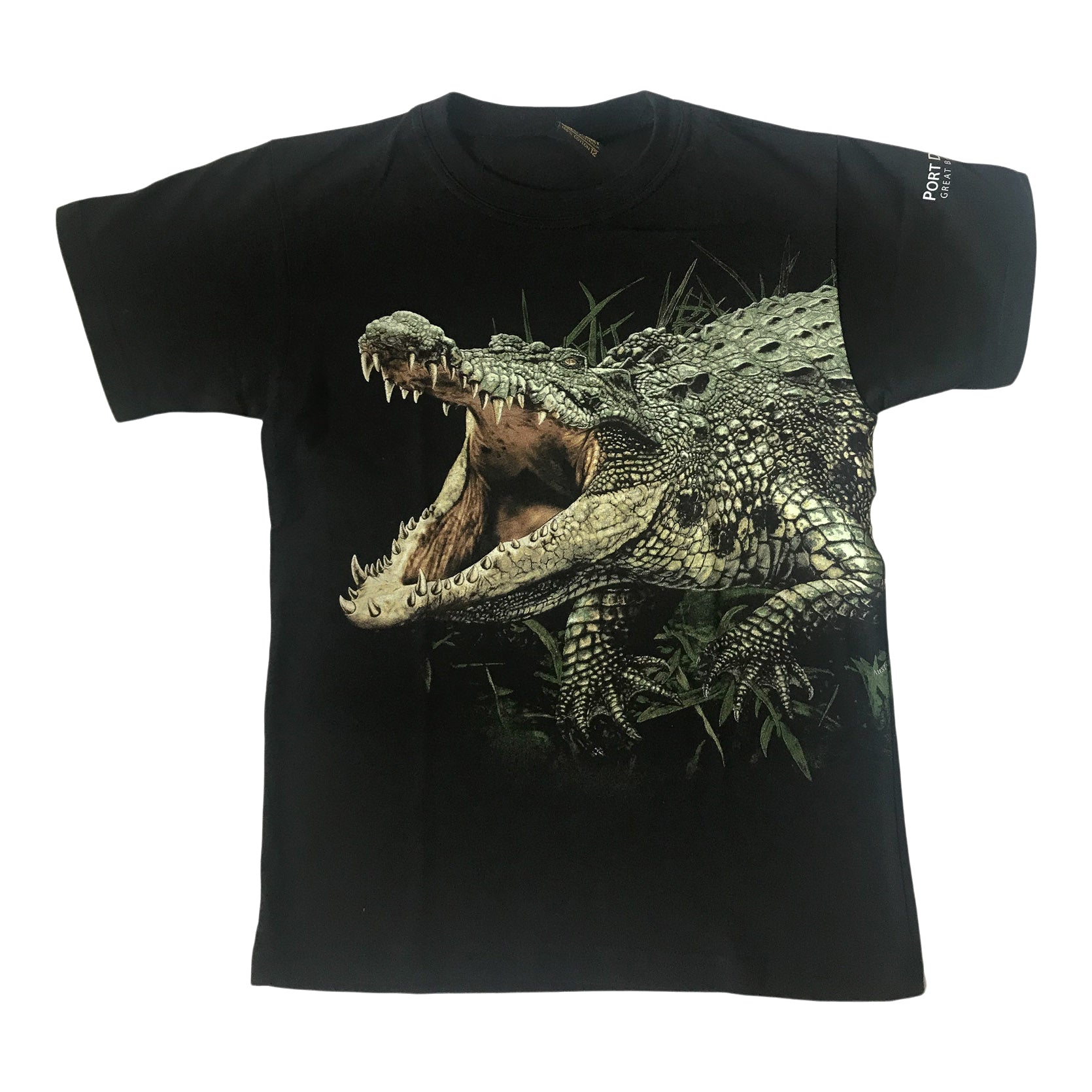 Navy boys Port Douglas souvenir t-shirt featuring a large, detailed green crocodile with open jaws. Made of cotton.