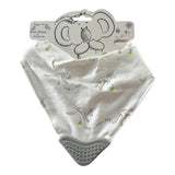 White natural cotton bandana bib with hand-sketched kangaroos, 'hop' text, and a grey silicone teether.