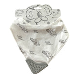 White natural cotton baby bandana bib with hand-sketched koala print, "Lazy Days..." text, and grey silicone teether.