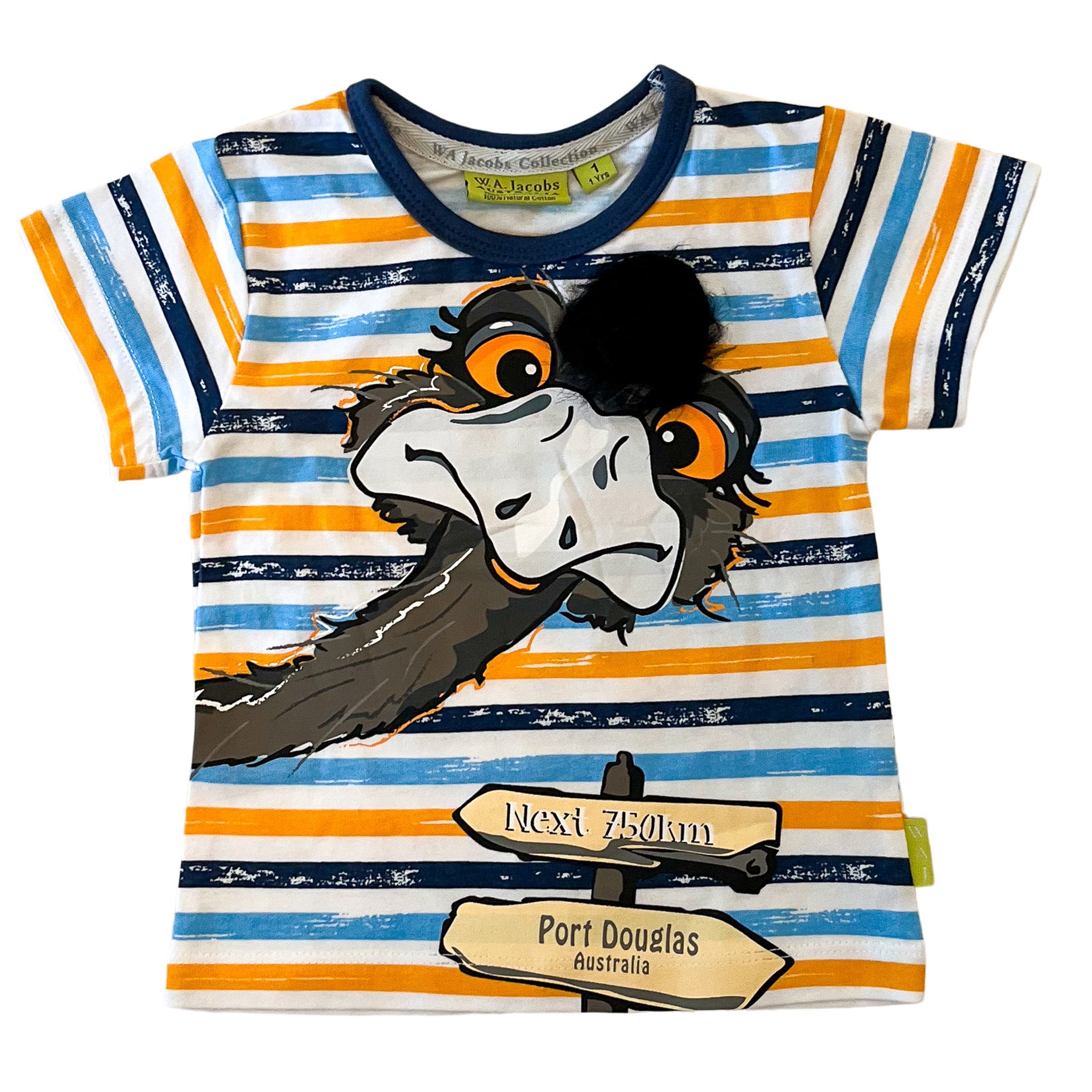 Emu Souvenir Port Douglas Reverse Print T-Shirt - Blue, Orange Stripes